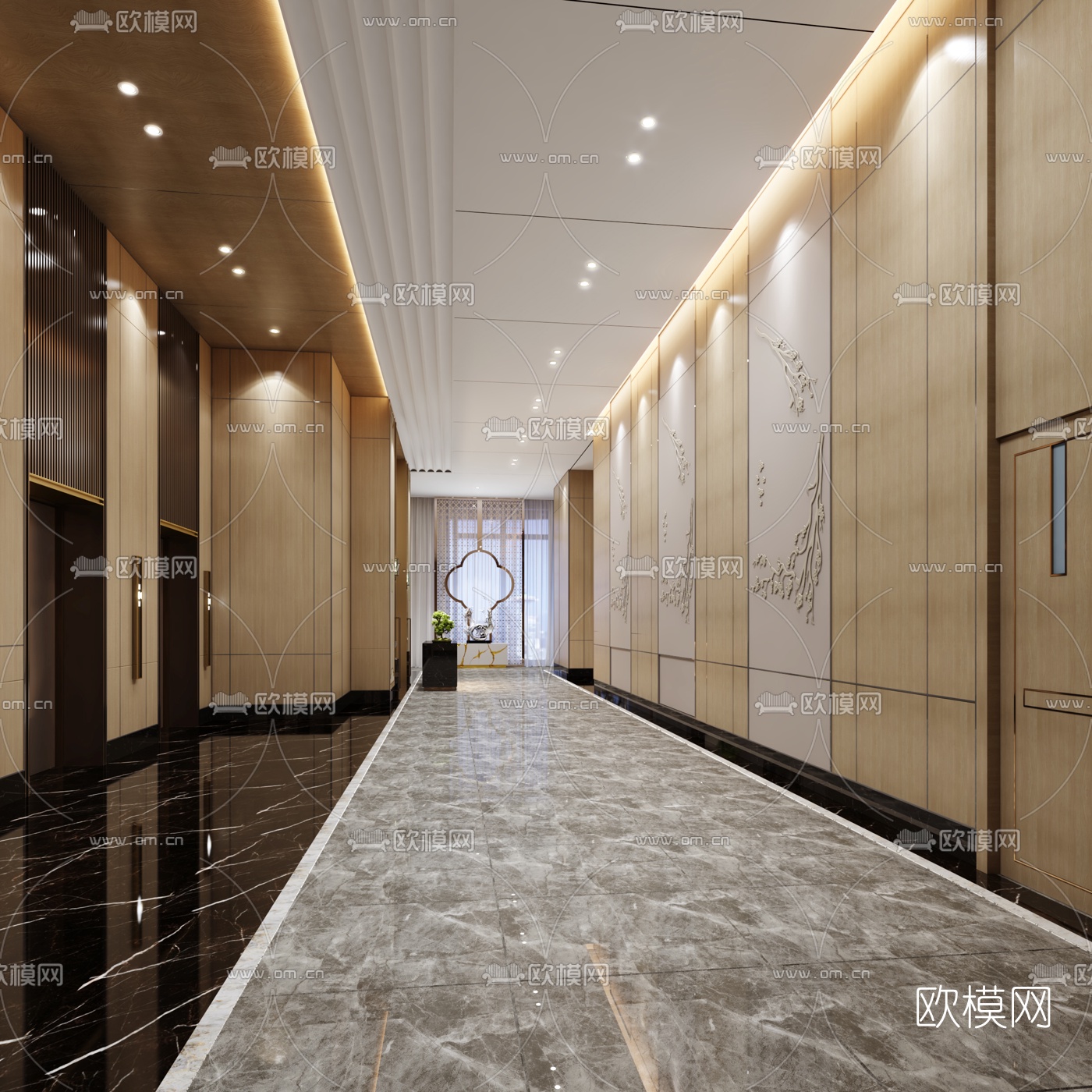 新中式酒店会所电梯厅3d模型下载（渲染图2）
