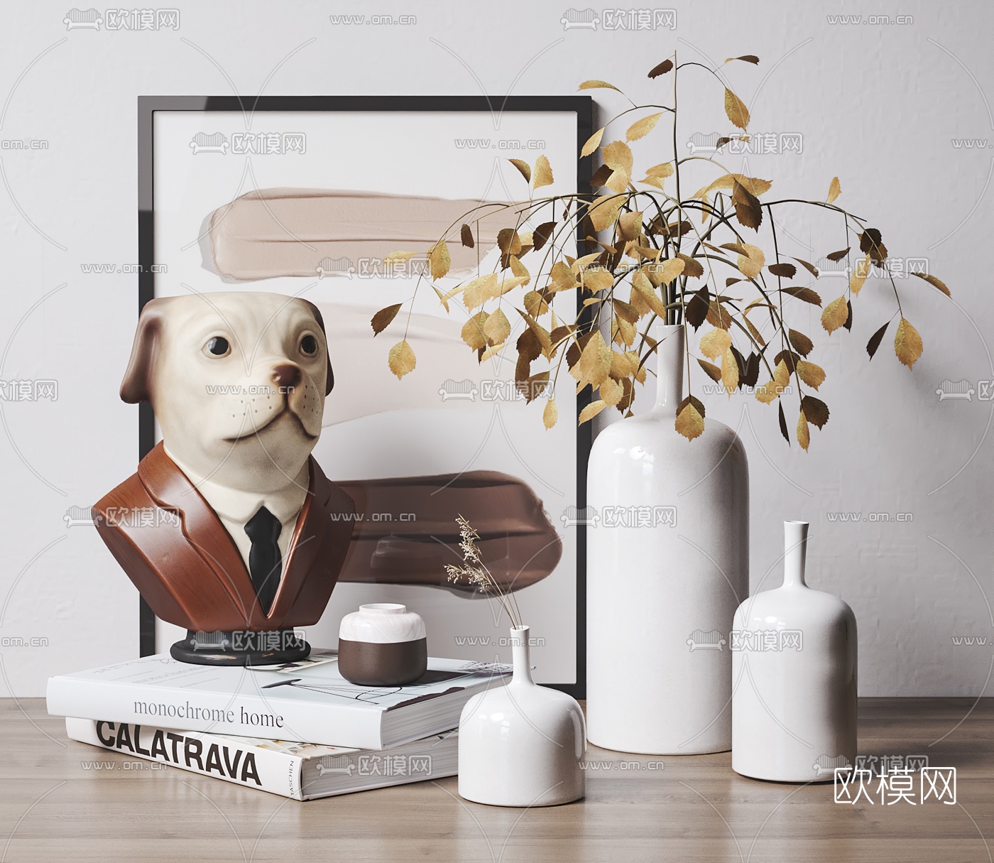 北欧狗头雕塑干花花瓶摆件3d模型下载