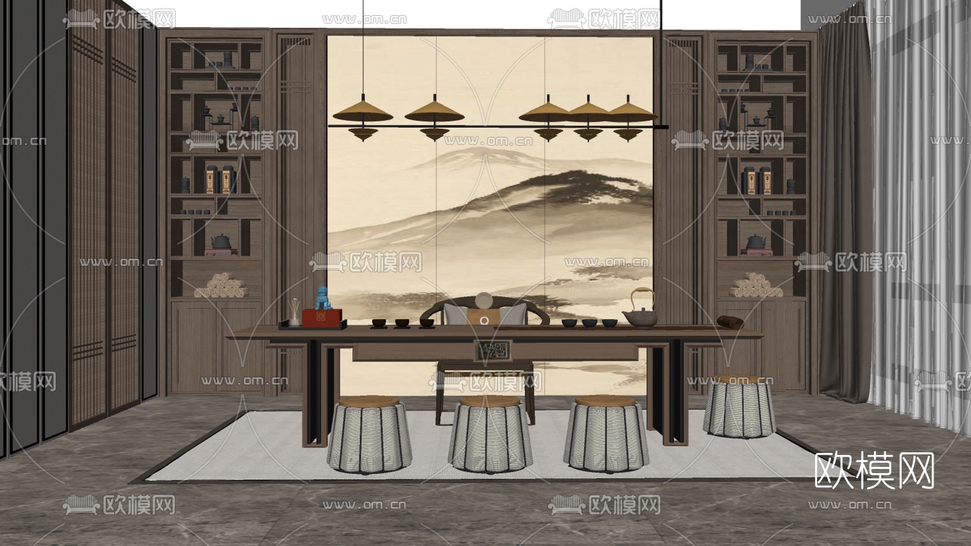 新中式茶室su模型