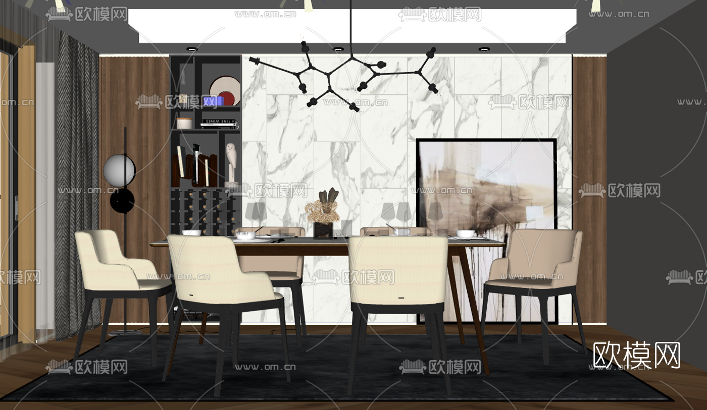 现代条形餐桌椅su模型