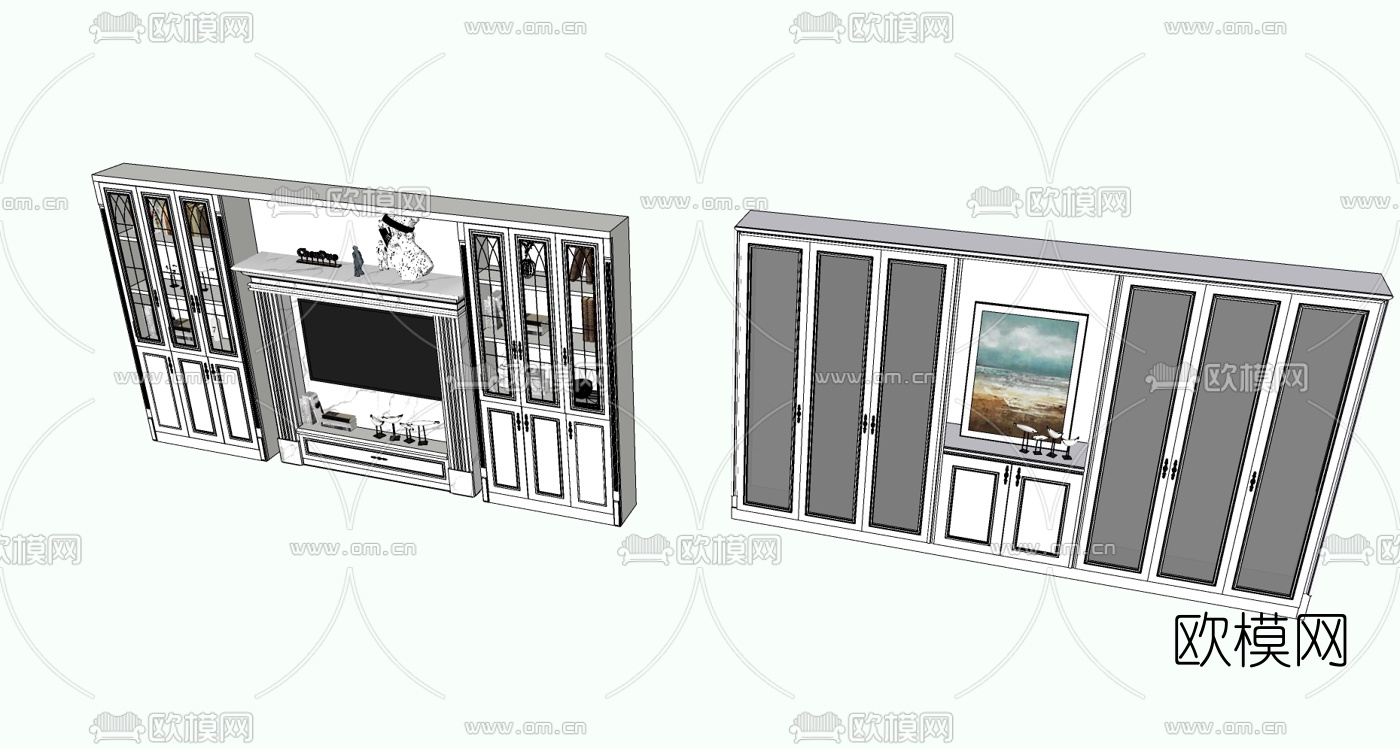 简欧实木电视柜su模型下载（渲染图2）