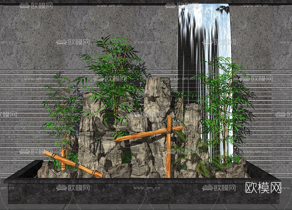 新中式假山竹筒流水小品su模型下载（渲染图2）