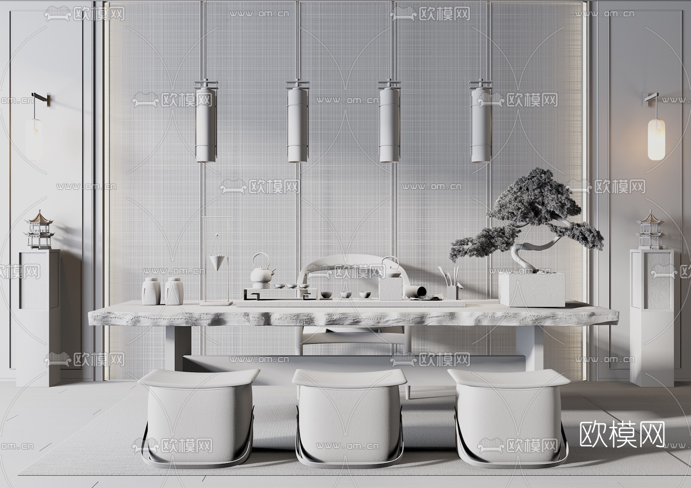 新中式轻奢茶桌椅3d模型下载（渲染图2）