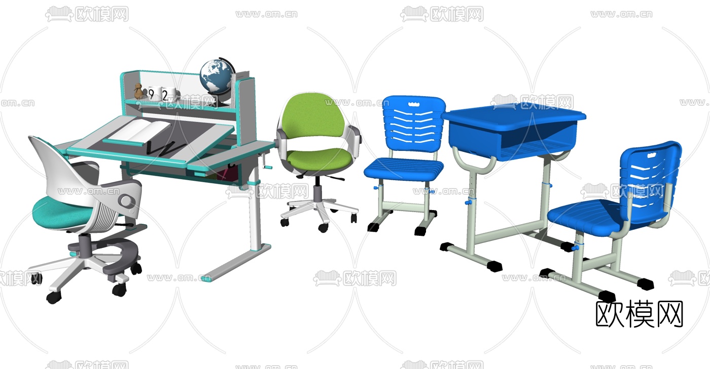 现代儿童学习书桌椅组合su模型下载