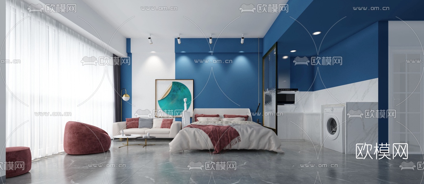 现代公寓卧室免费3d模型下载（渲染图1）