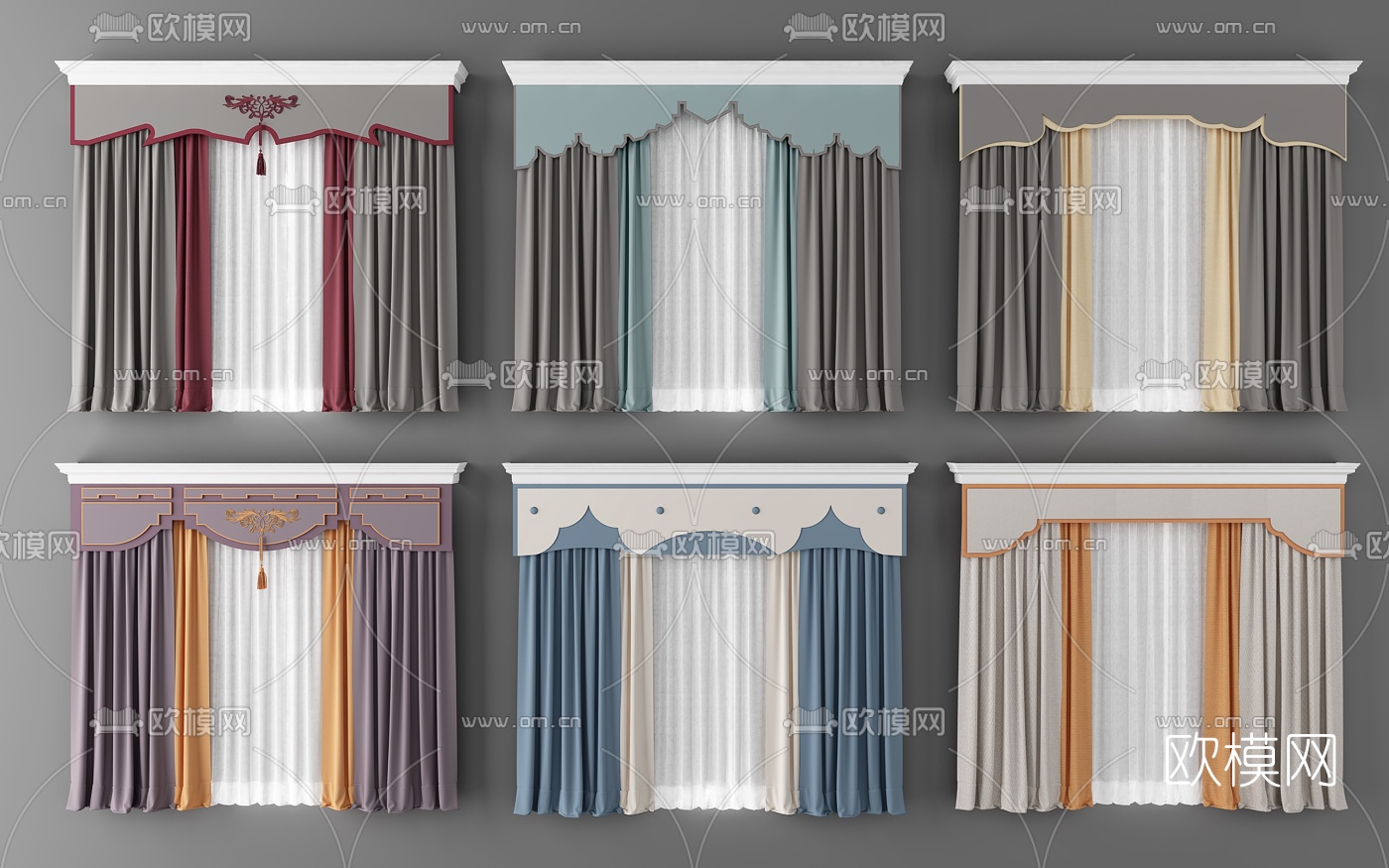 新中式布艺窗帘3d模型下载