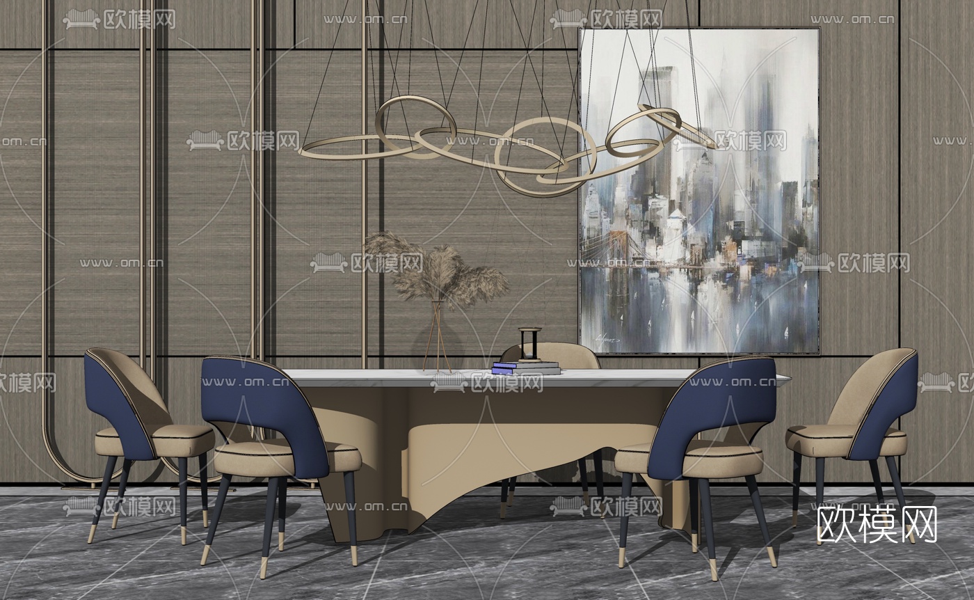 现代轻奢餐桌椅组合su模型下载（渲染图2）