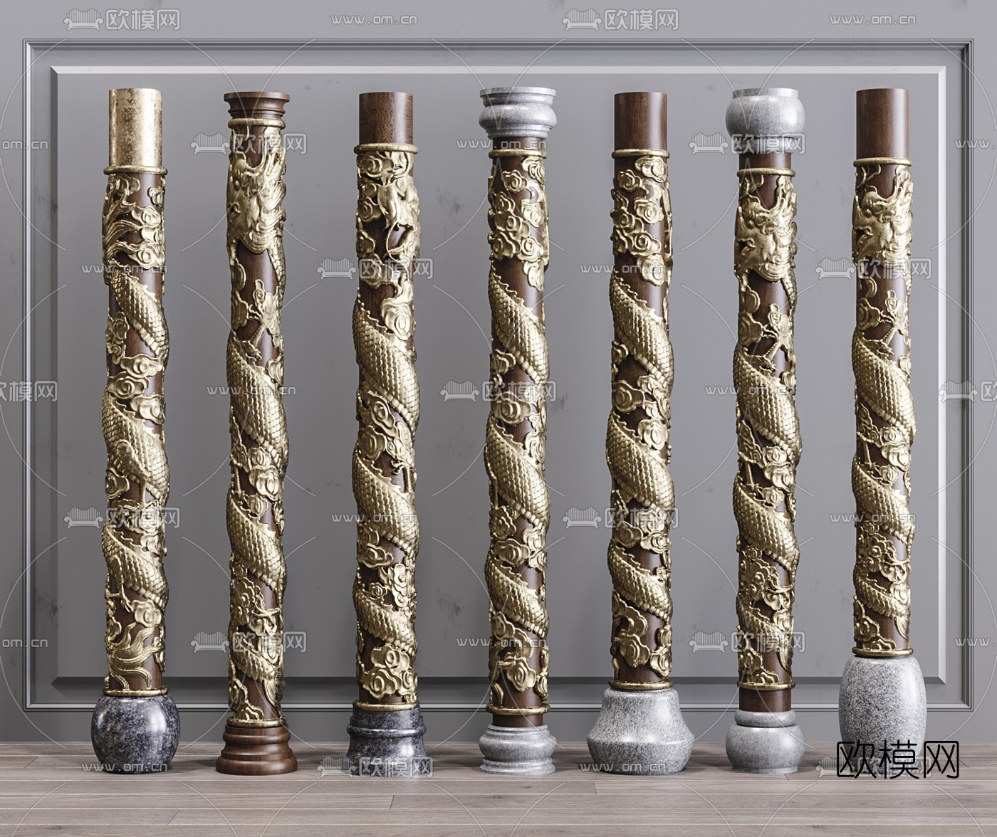 中式盘龙雕花柱子3d模型下载