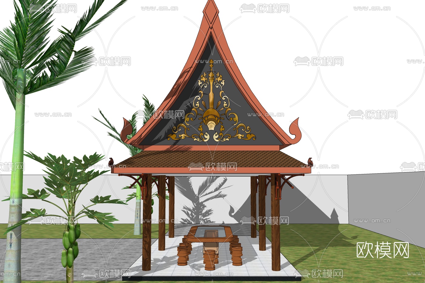 东南亚实木凉亭免费su模型下载