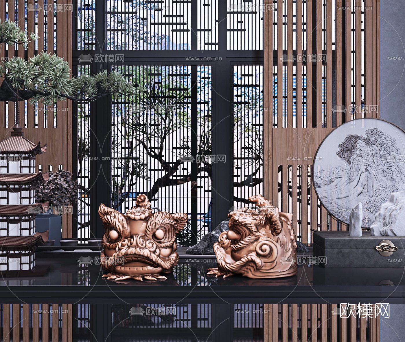 新中式狮头雕塑3d模型下载