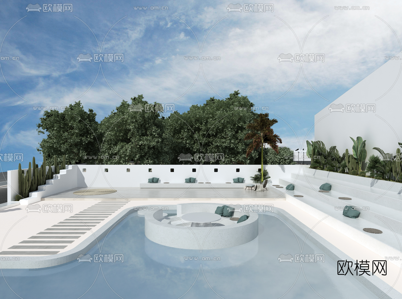 北欧庭院游泳池景观3d模型下载（渲染图1）