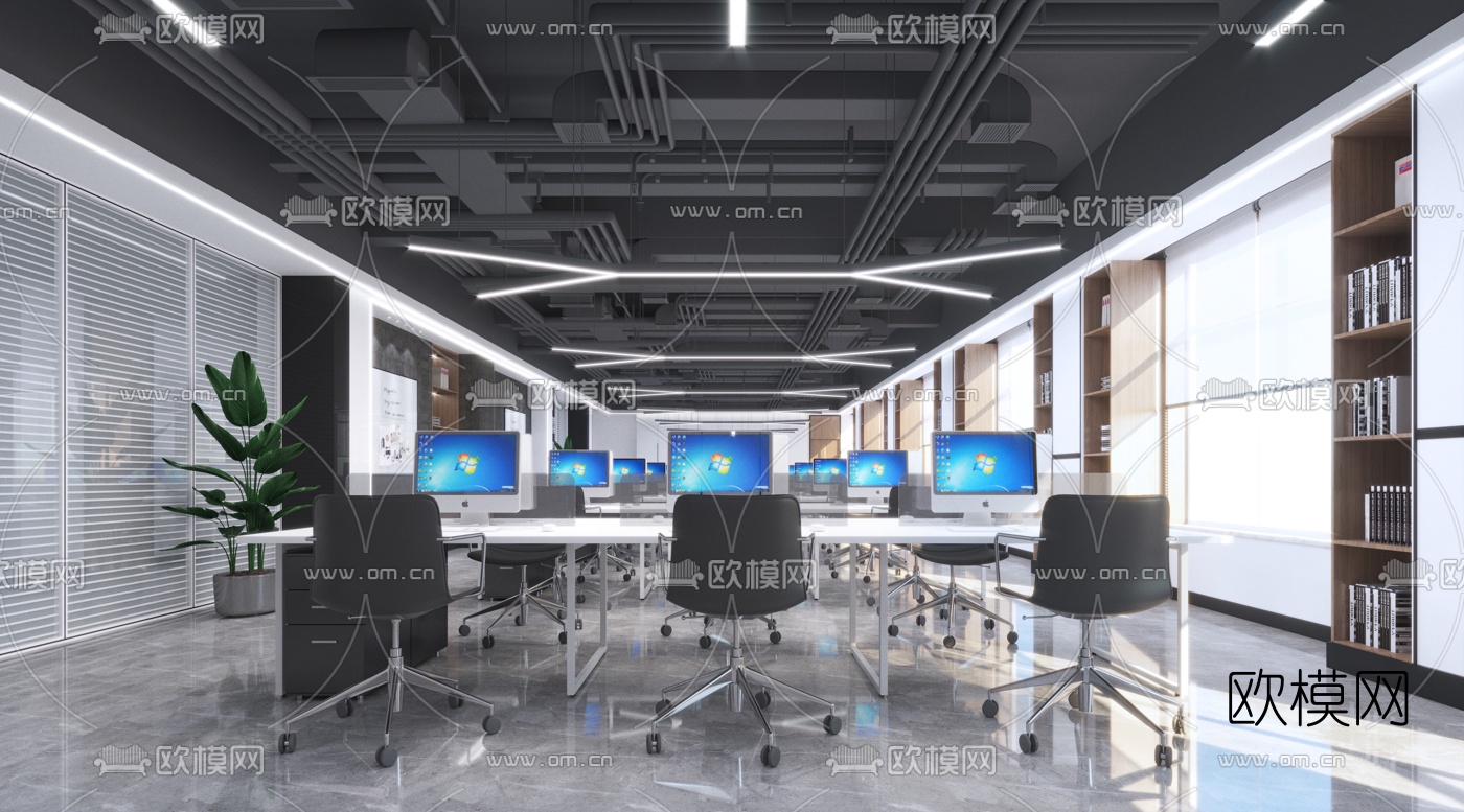 工业风简约敞开式办公区3d模型下载（渲染图1）