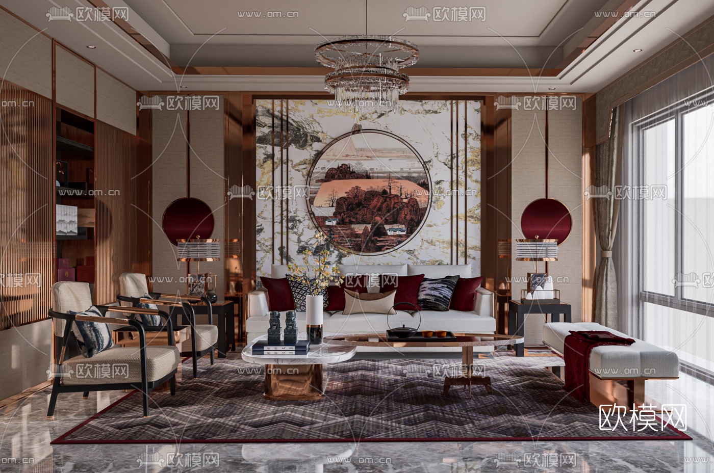 新中式布艺沙发组合su模型下载