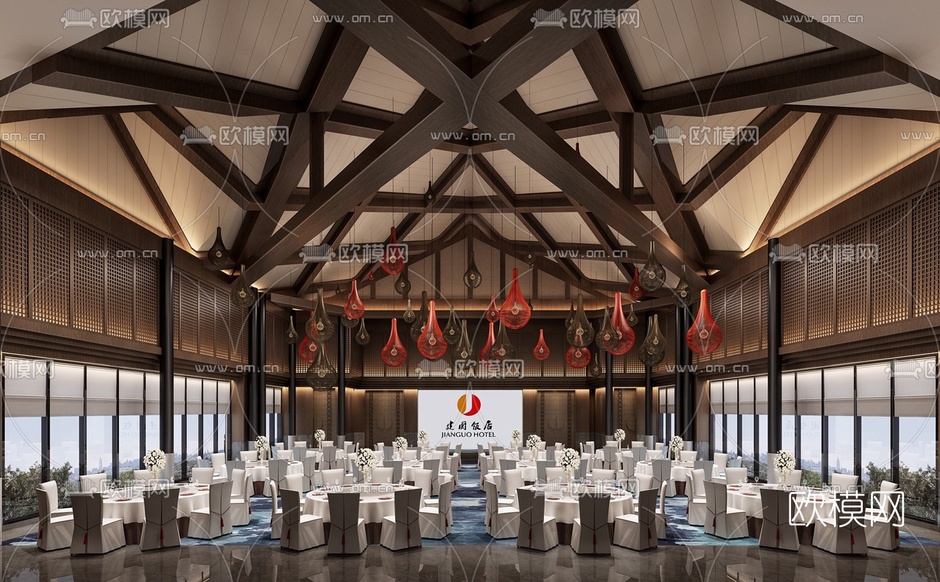 新中式酒店宴会厅3d模型下载