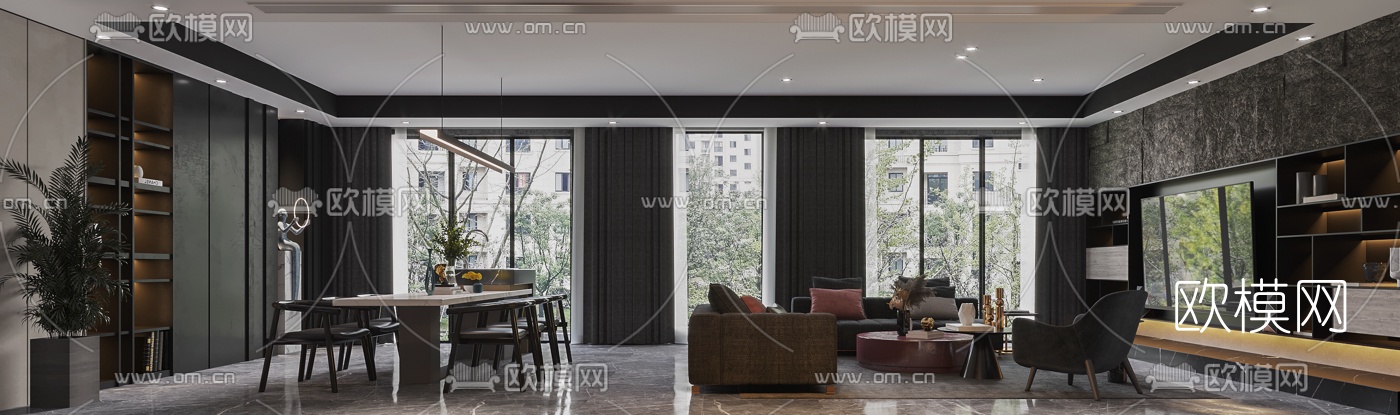 现代轻奢高级灰客厅餐厅3d模型下载（渲染图2）