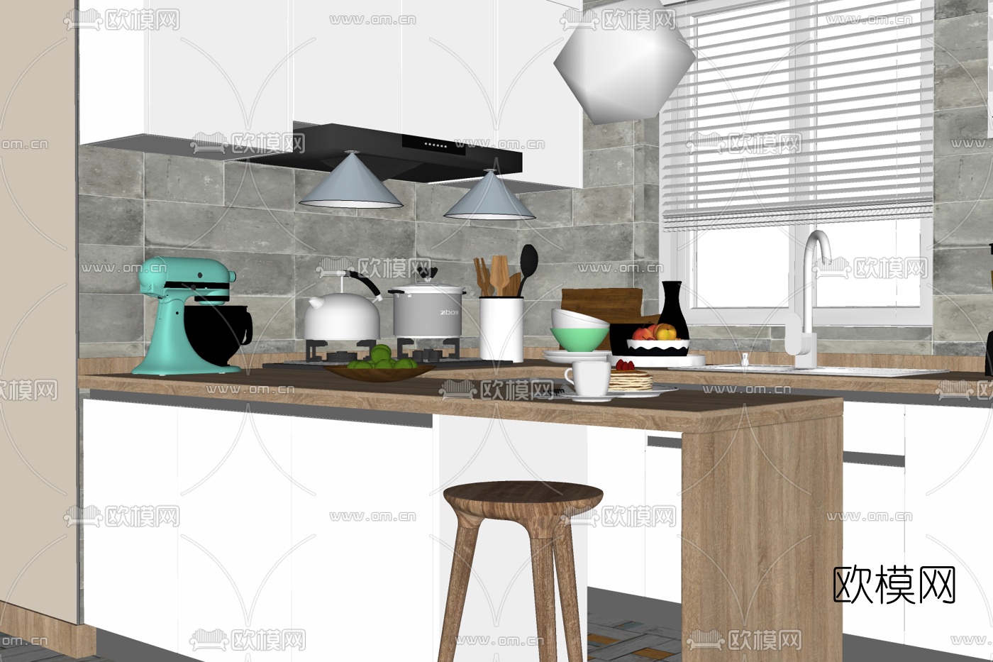 现代实木中岛柜橱柜免费su模型下载