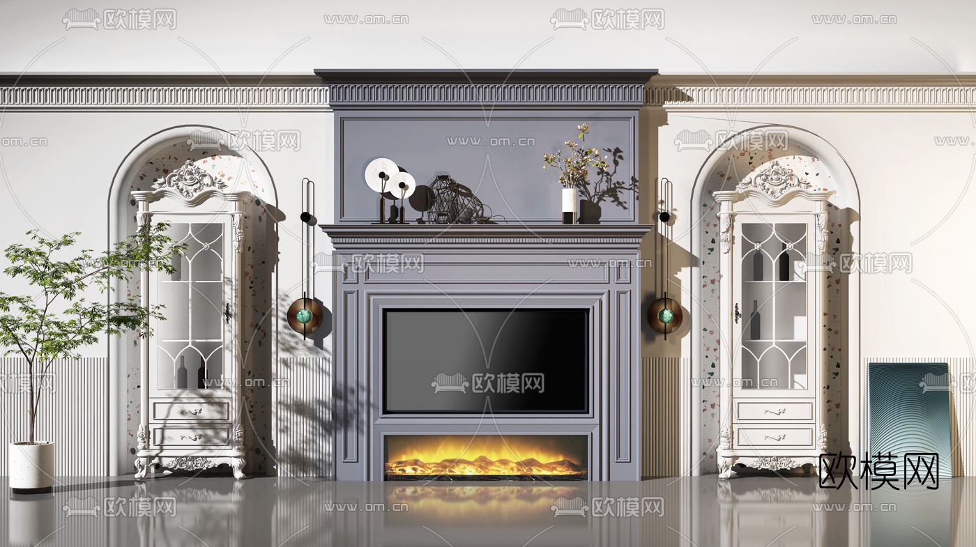 欧式壁炉电视背景墙高柜3d模型