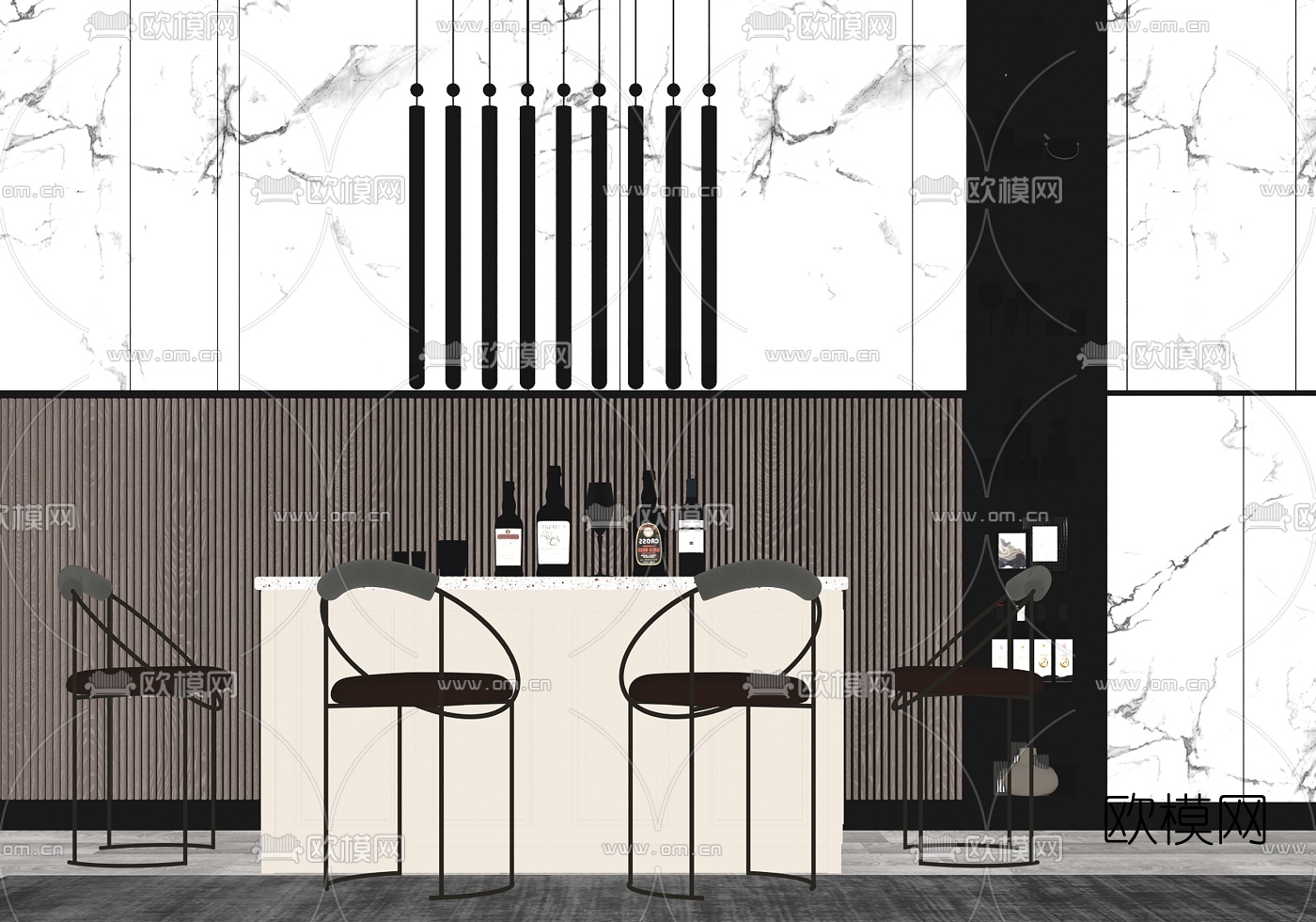现代轻奢吧台su模型下载（渲染图2）
