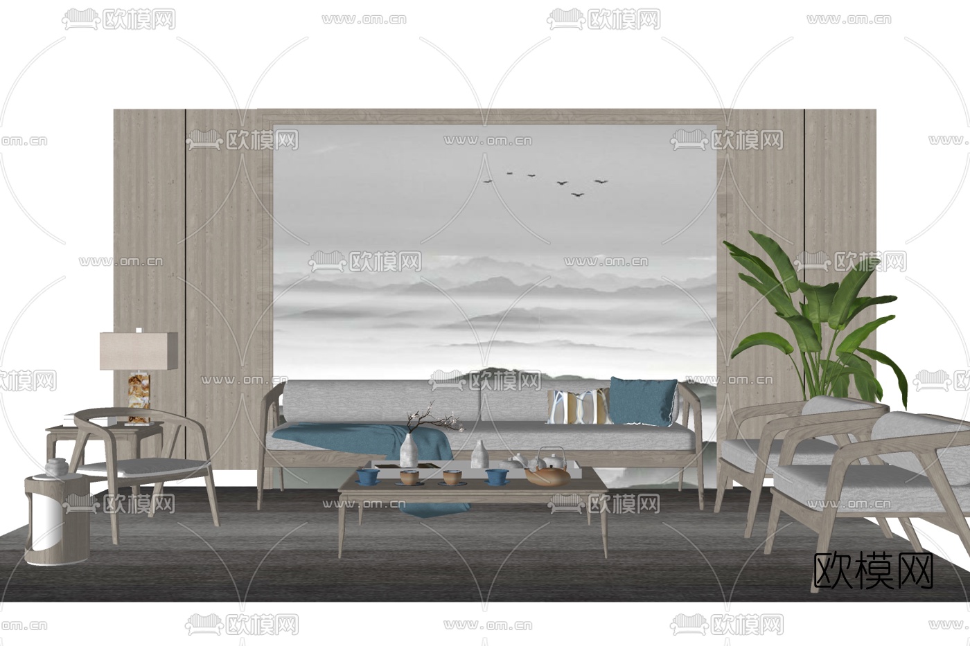 新中式实木组合沙发免费su模型下载