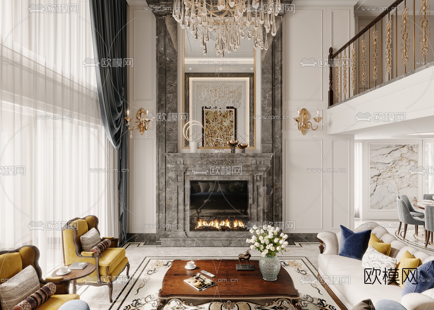 欧式别墅客厅餐厅3d模型下载（渲染图3）