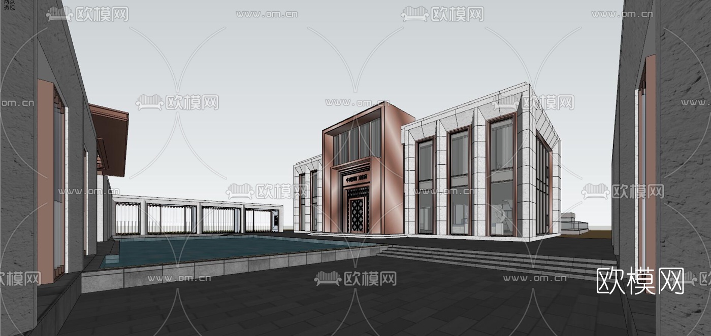 新中式售楼处外观su模型下载（渲染图4）
