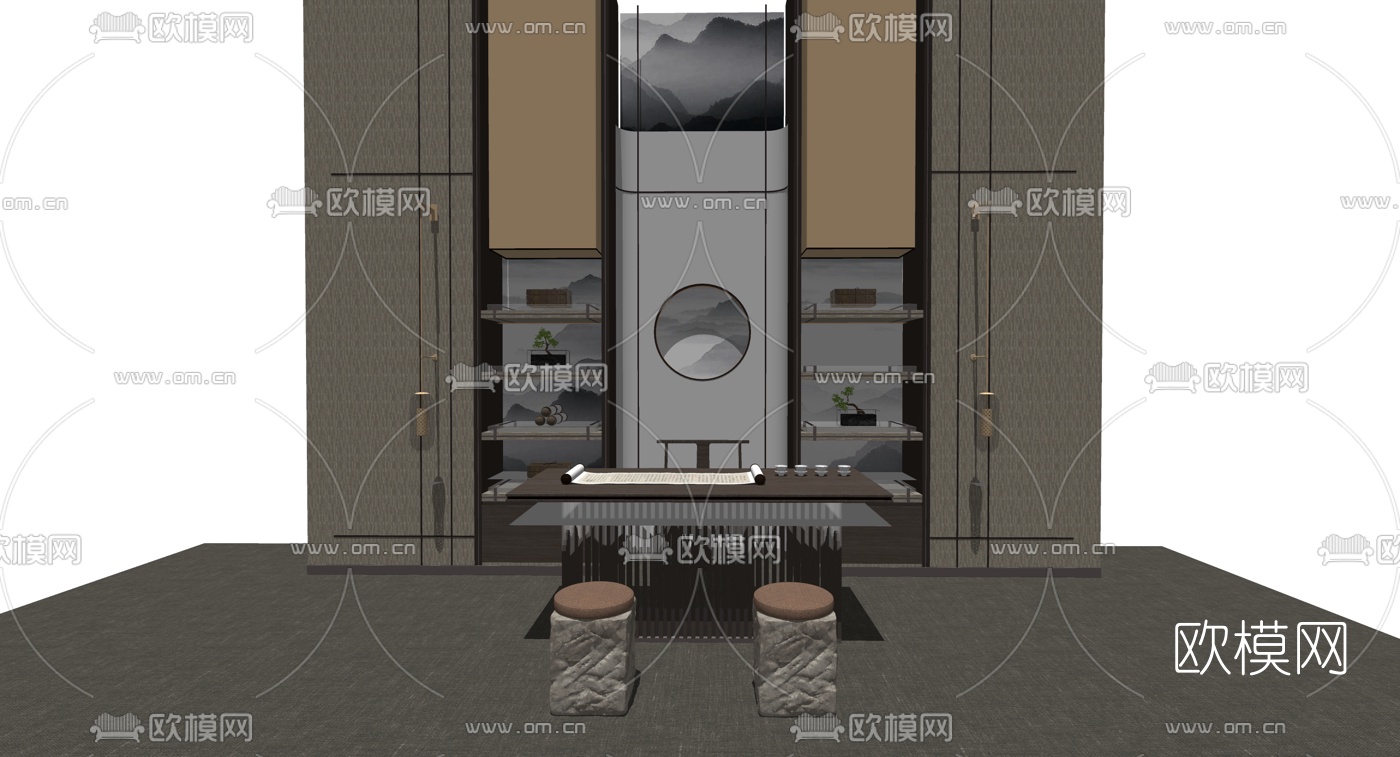 新中式书桌椅su模型下载