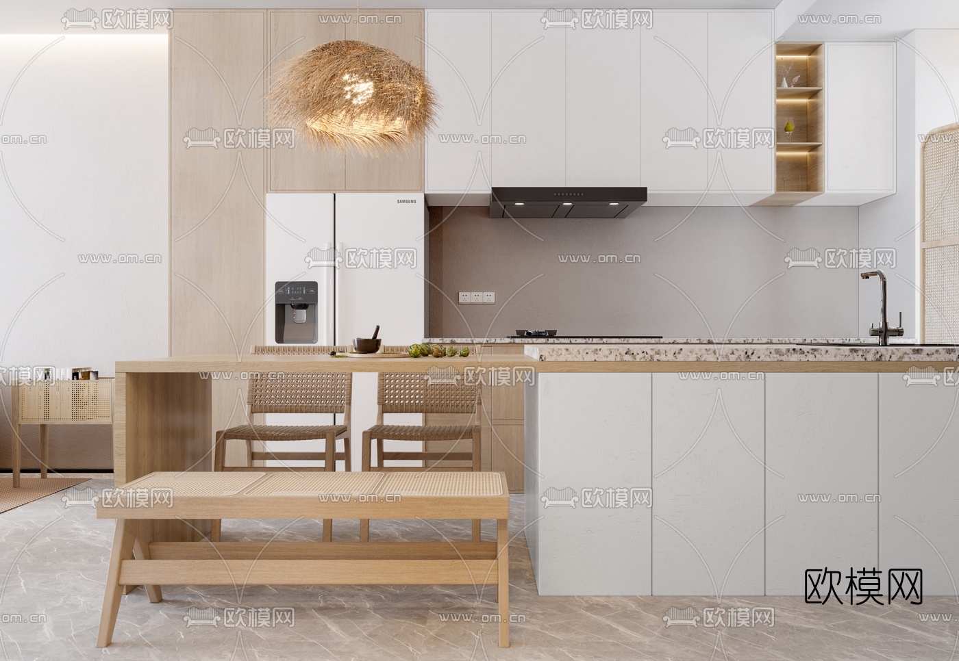 北欧厨房中岛柜餐桌椅3d模型下载（渲染图1）