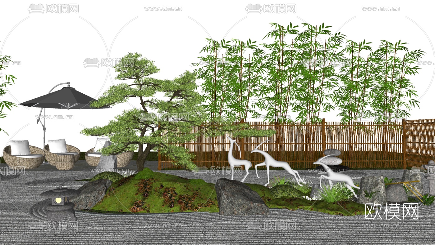 新中式庭院篱笆绿植景观小品su模型下载