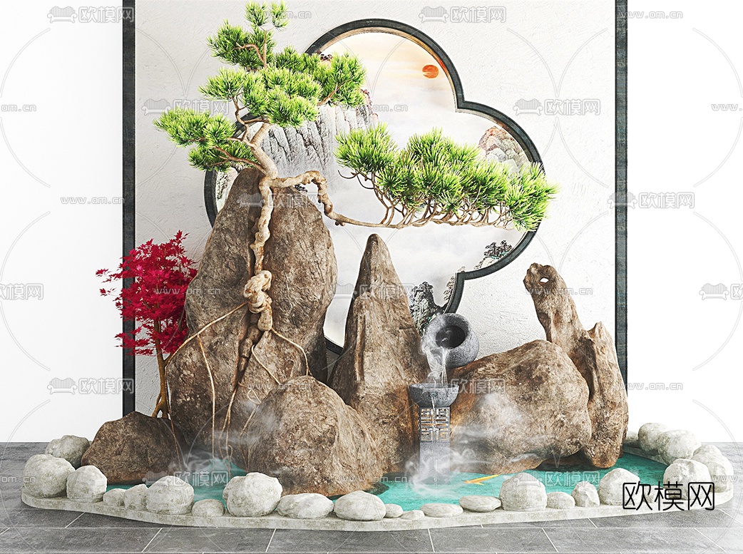 新中式假山水池园艺小品3d模型下载