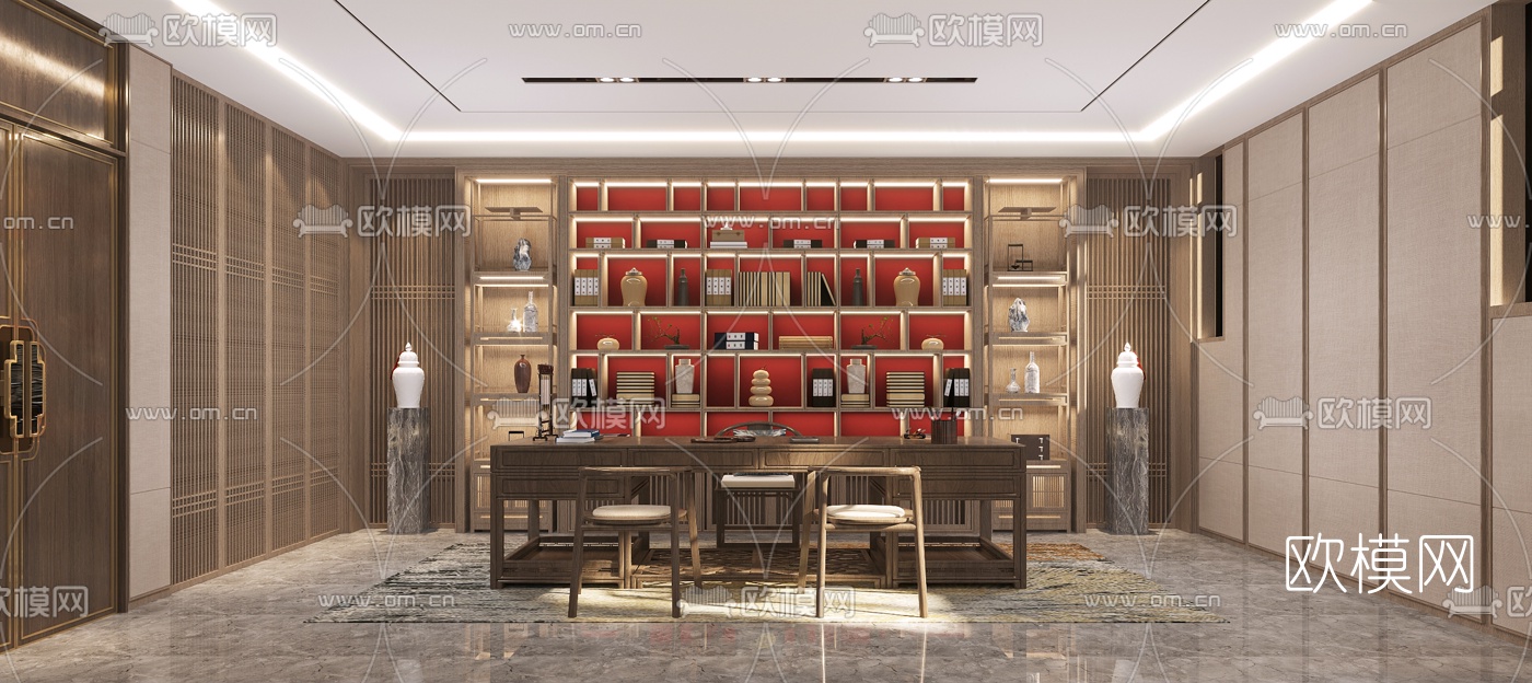 新中式董事长办公室免费3d模型下载（渲染图3）