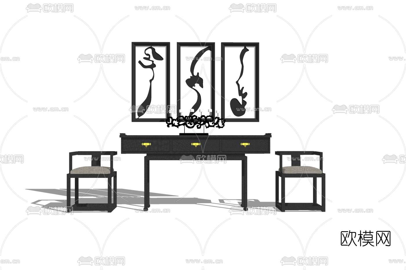 新中式端景条案免费su模型下载