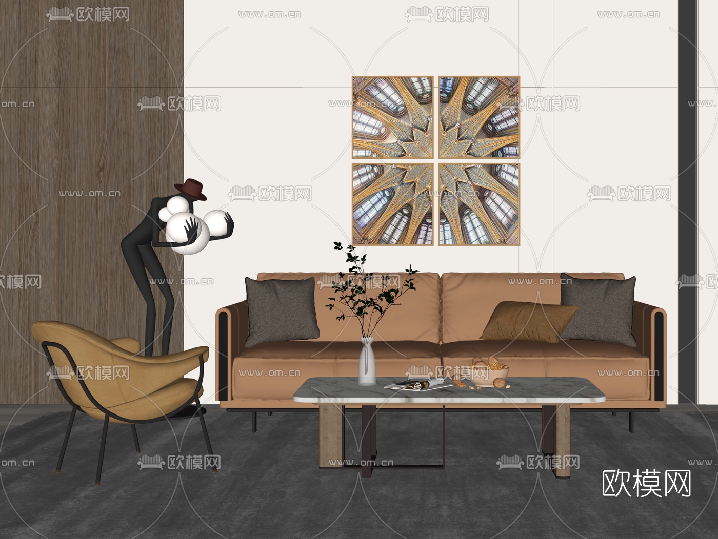 现代布艺双人沙发su模型下载（渲染图2）