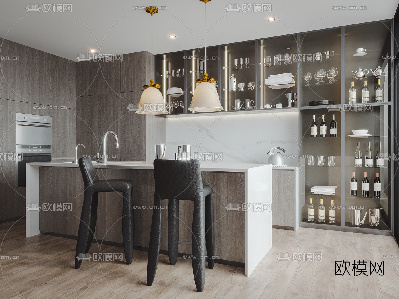 现代厨房中岛柜吧台椅3d模型下载（渲染图1）