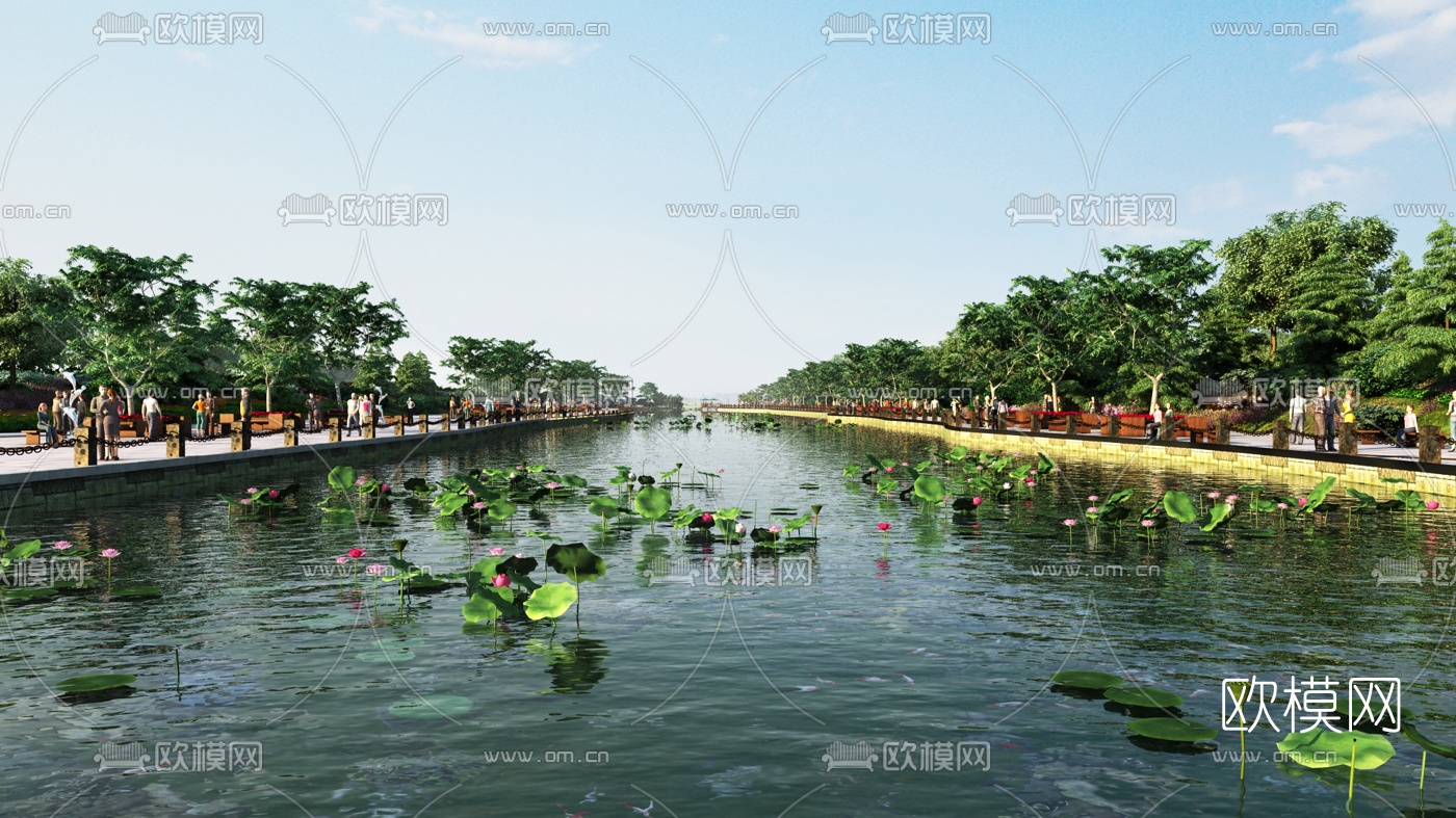 现代河道公园荷花景观3d模型下载
