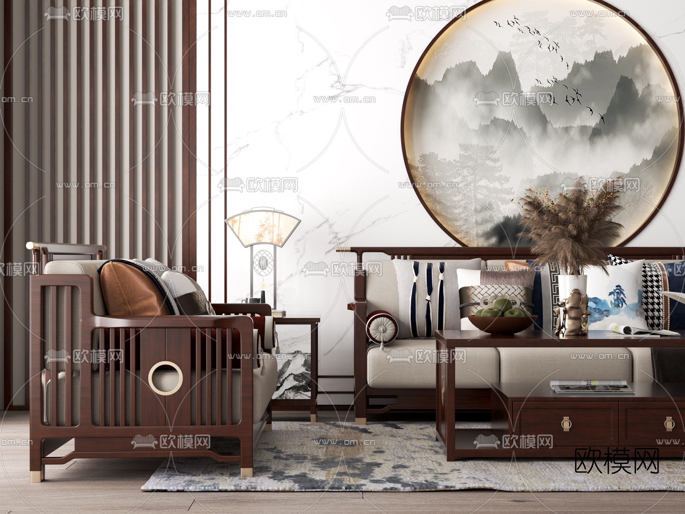 新中式布艺沙发组合3d模型下载（渲染图2）