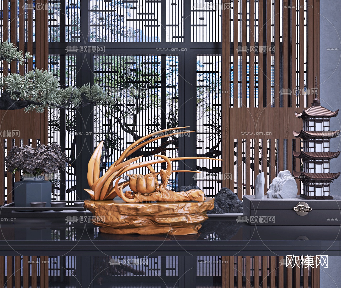 中式鹰爪下的小鸟雕塑3d模型