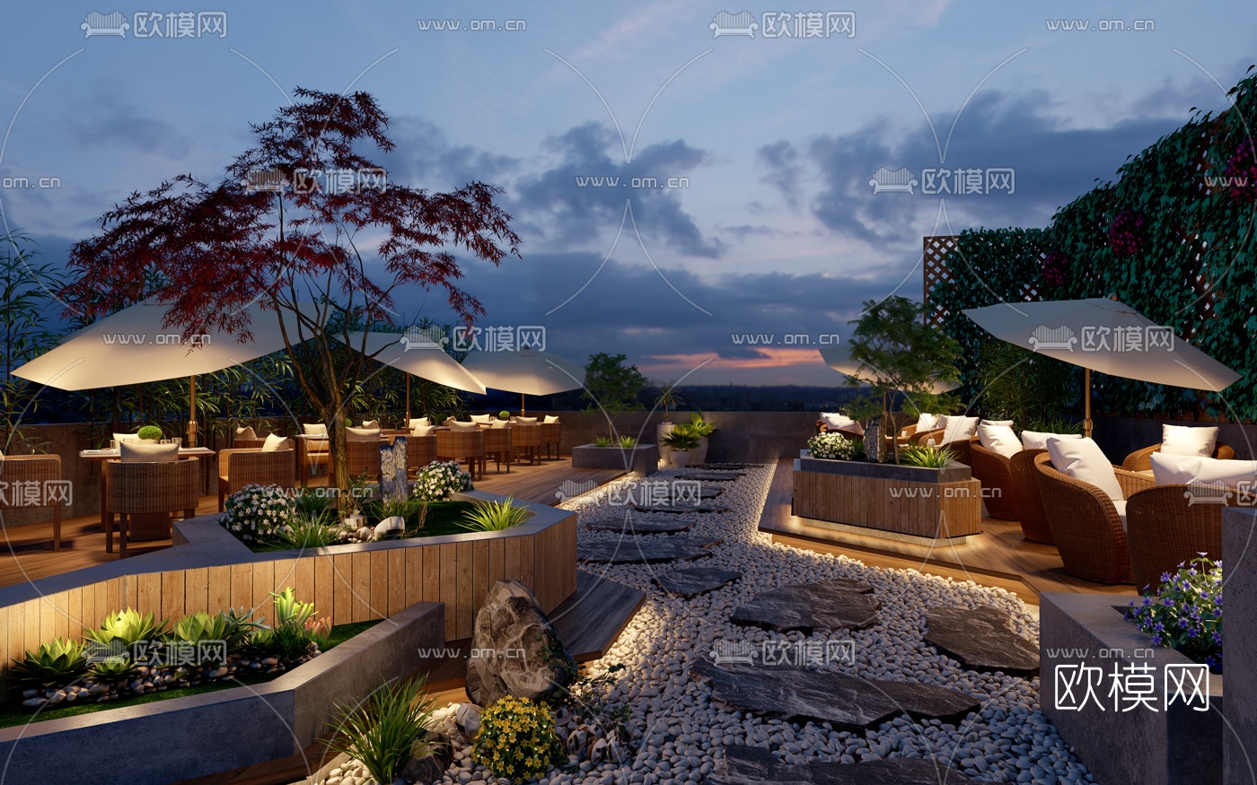 现代露台花园休闲区夜景3d模型