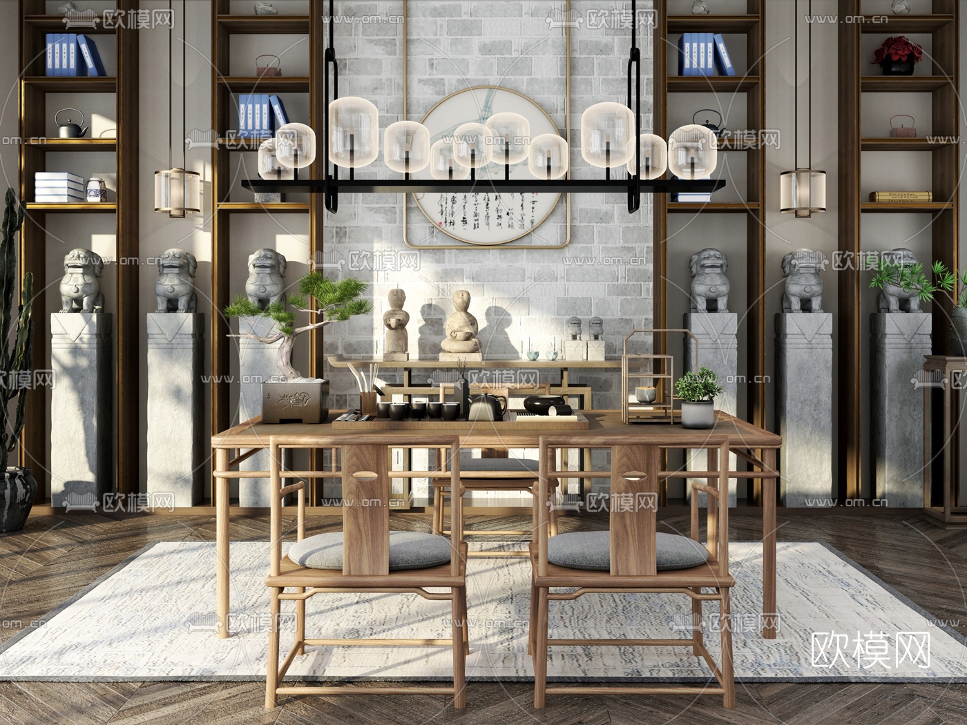 新中式实木茶桌椅3d模型下载