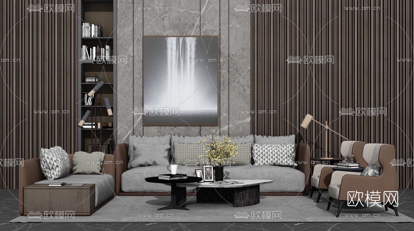 现代轻奢皮革沙发组合su模型下载（渲染图2）