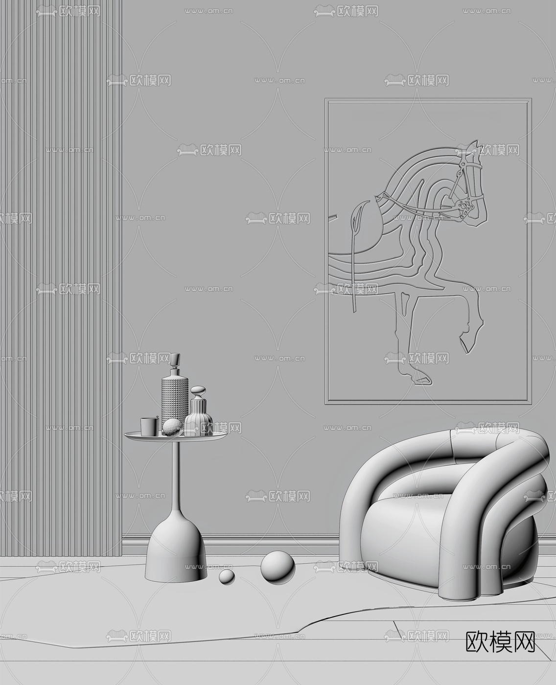 现代绒布单人沙发边几3d模型下载（渲染图2）