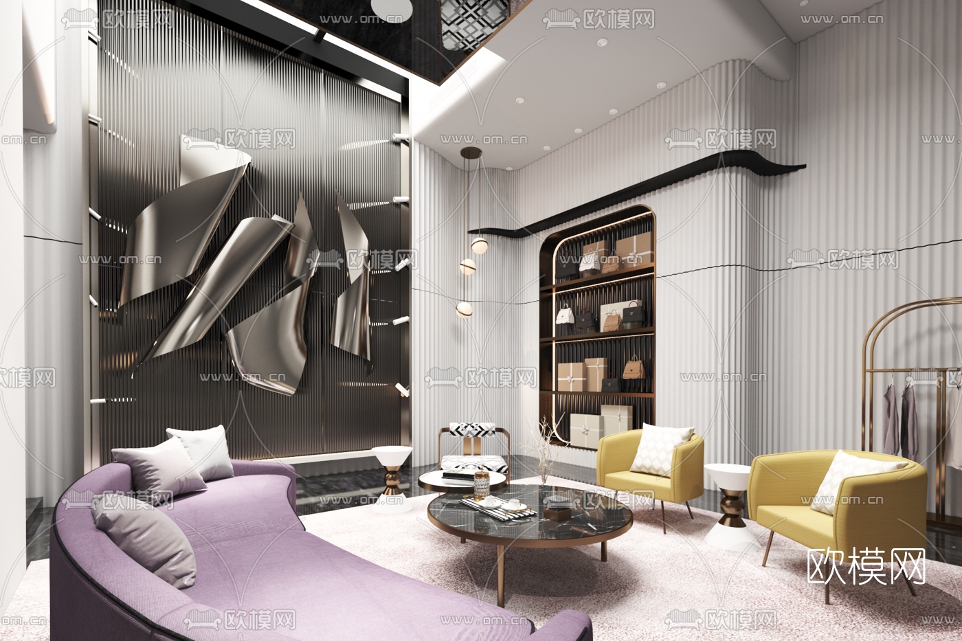 深朴悦设计 现代轻奢别墅客厅3d模型下载