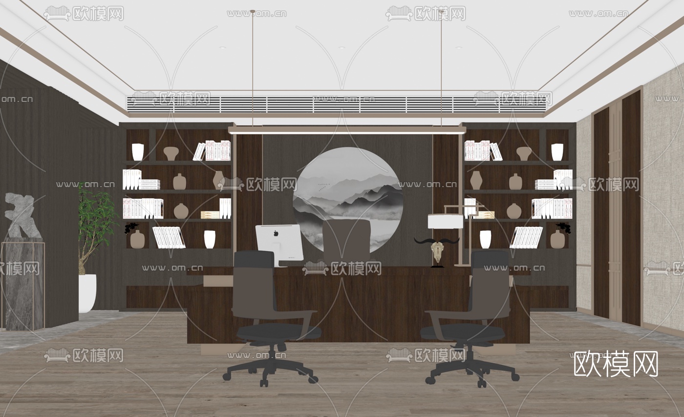 新中式总经理室su模型下载（渲染图2）
