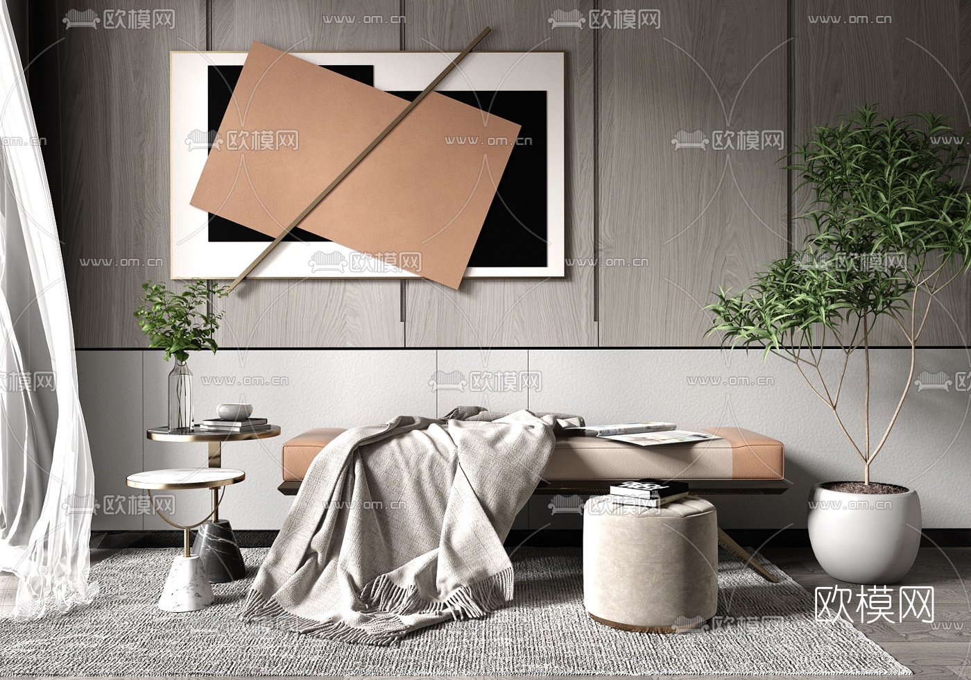 现代皮革床尾凳脚踏3d模型下载