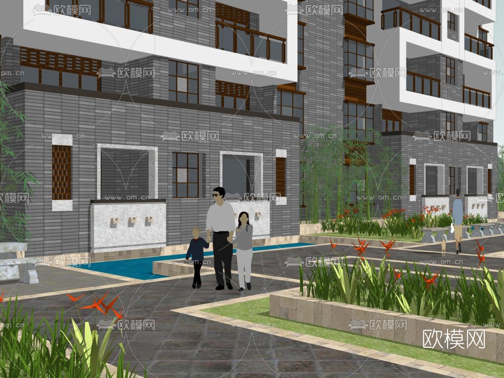 中式高层住宅建筑外观su模型下载（渲染图2）