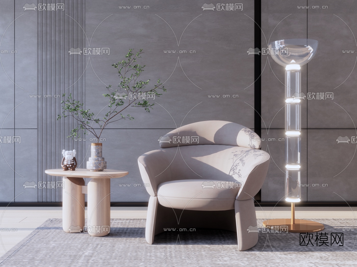 现代布艺休闲沙发su模型下载（渲染图1）