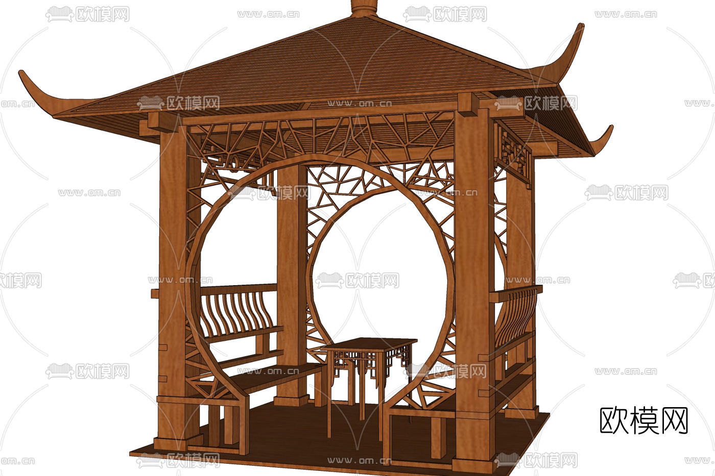 中式木质凉亭免费su模型下载
