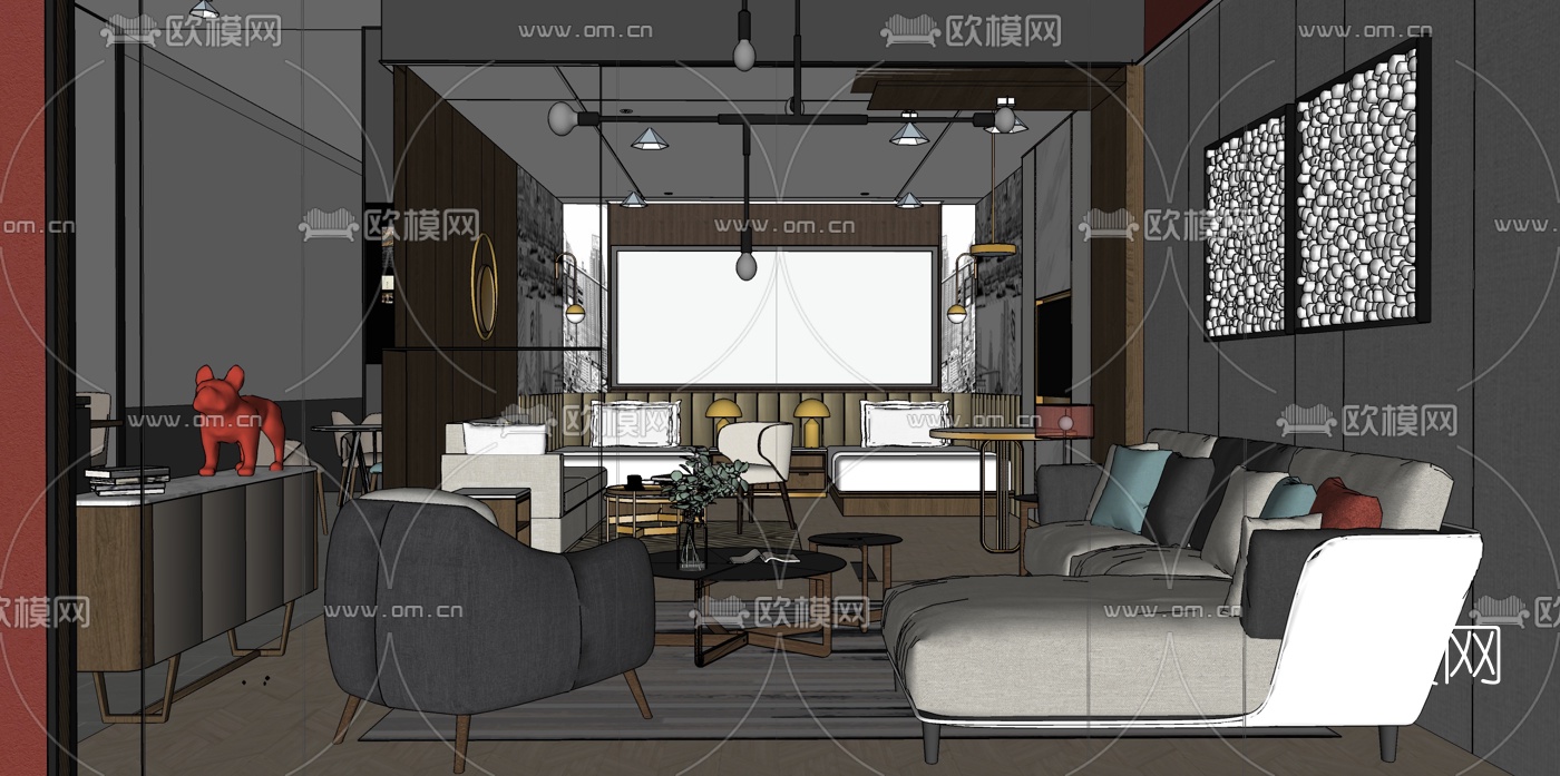 现代民宿套间休闲区su模型下载（渲染图1）