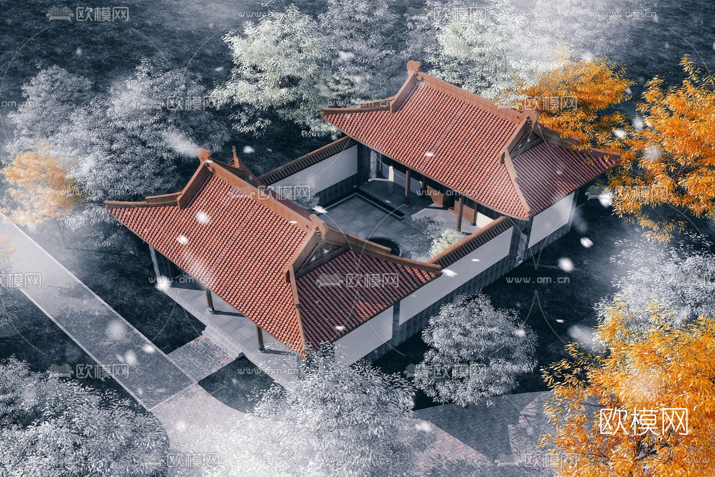 中式古建寺庙鸟瞰3d模型下载