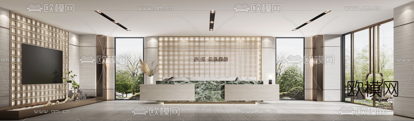 新中式售楼处大堂前台3d模型