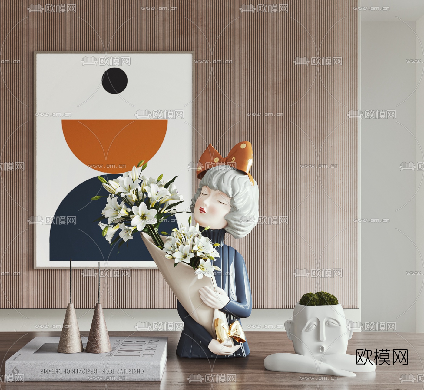 现代雕塑女孩花瓶边几3d模型下载